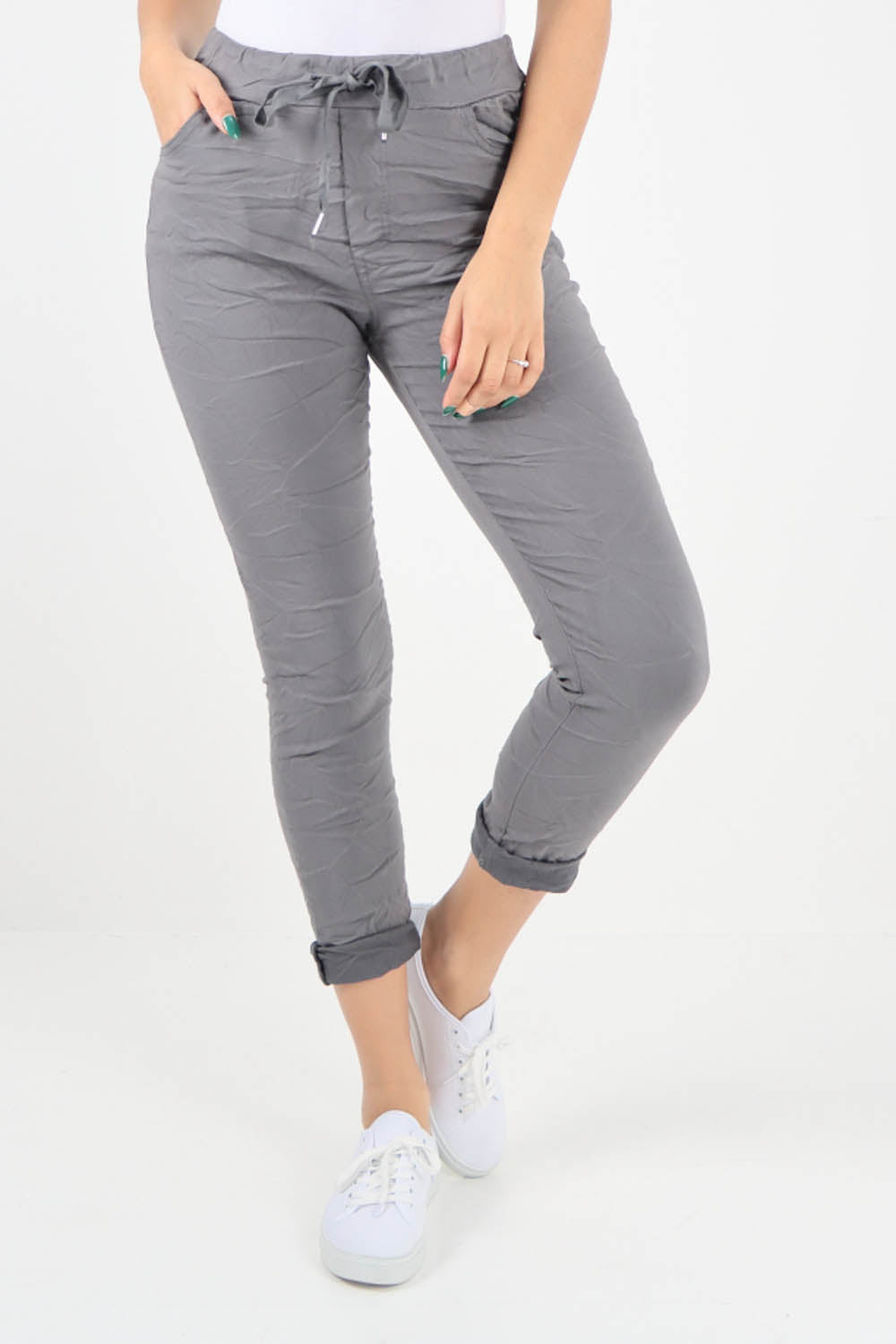 Plain Drawstring Back Pocket Magic Pants