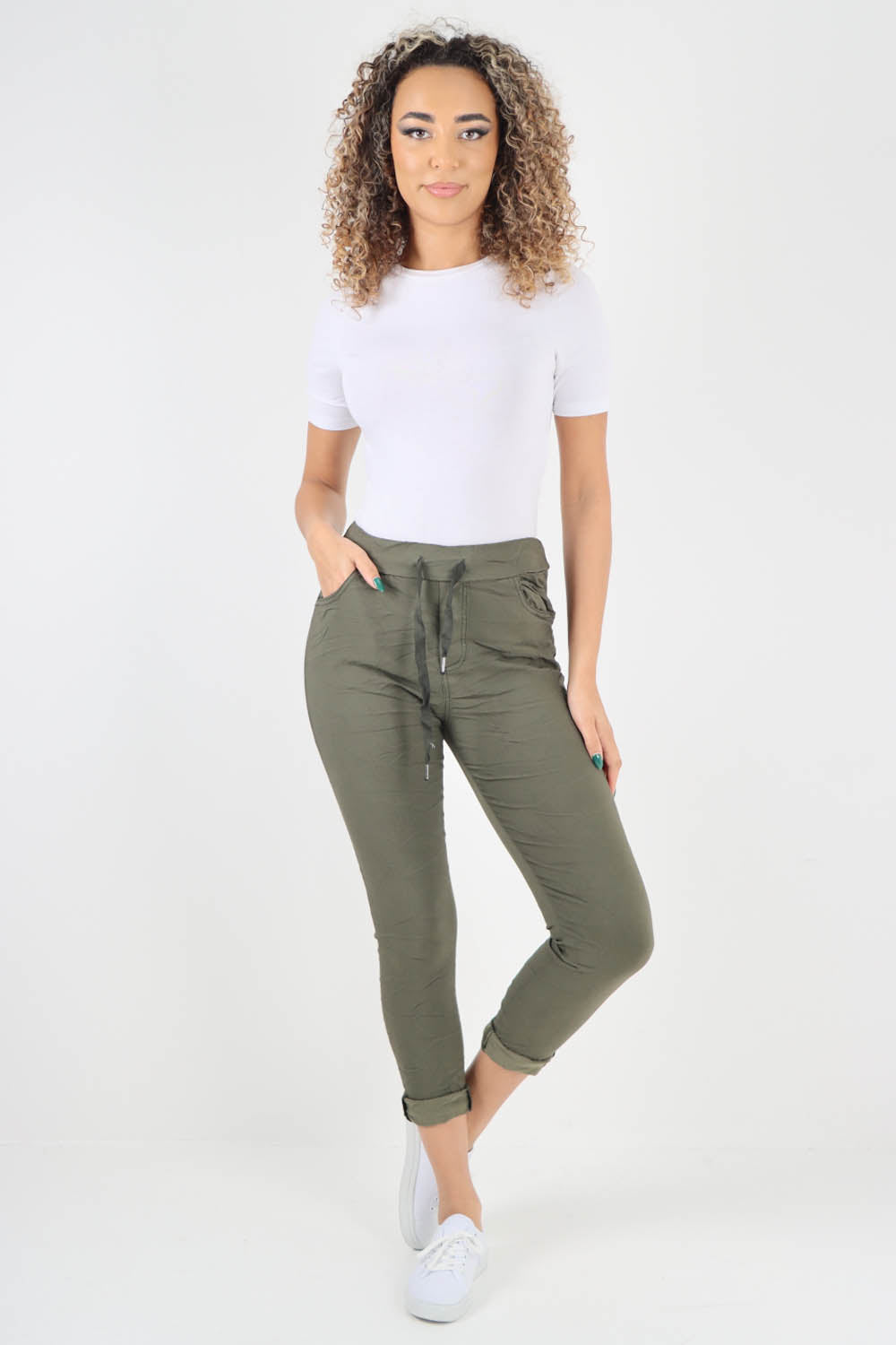 Khaki-Plain Drawstring Back Pocket Magic Pants