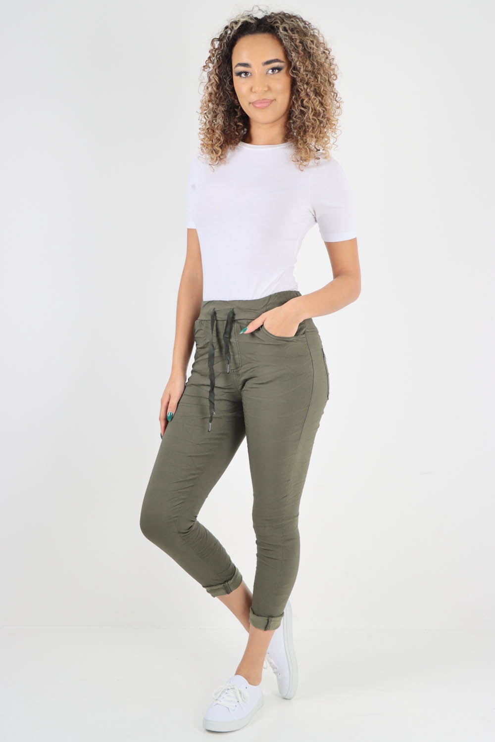 Plain Drawstring Back Pocket Magic Pants
