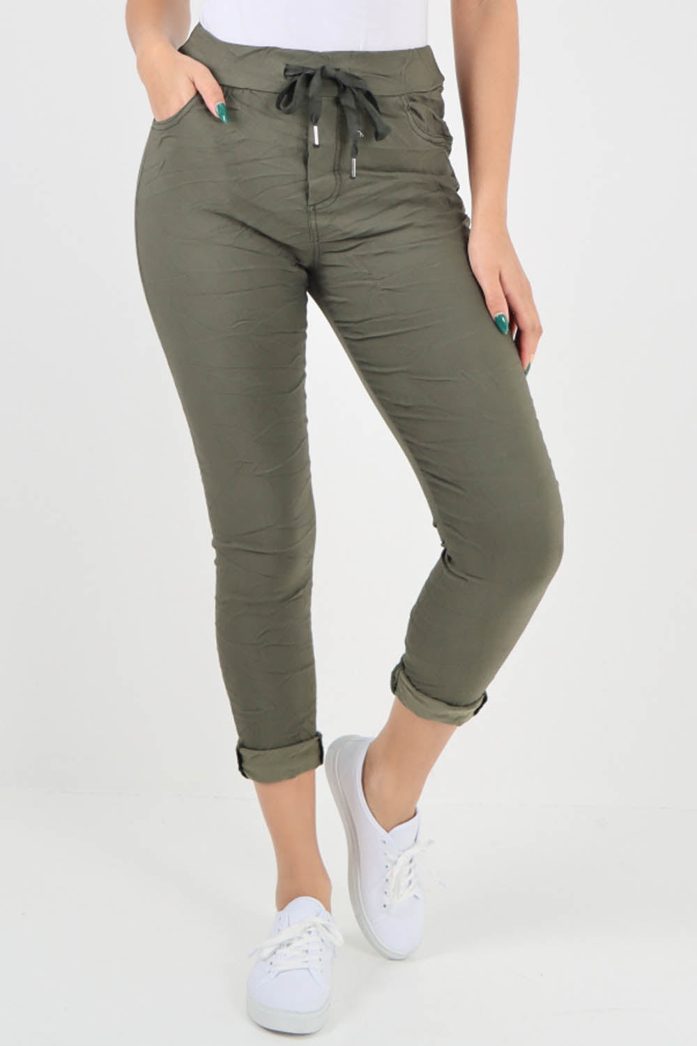 Plain Drawstring Back Pocket Magic Pants