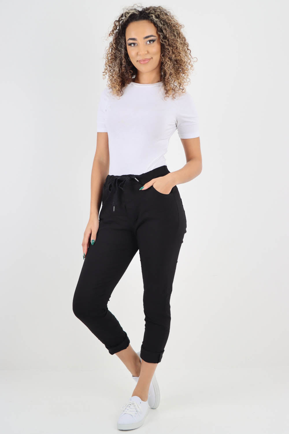 Plain Drawstring Back Pocket Magic Pants