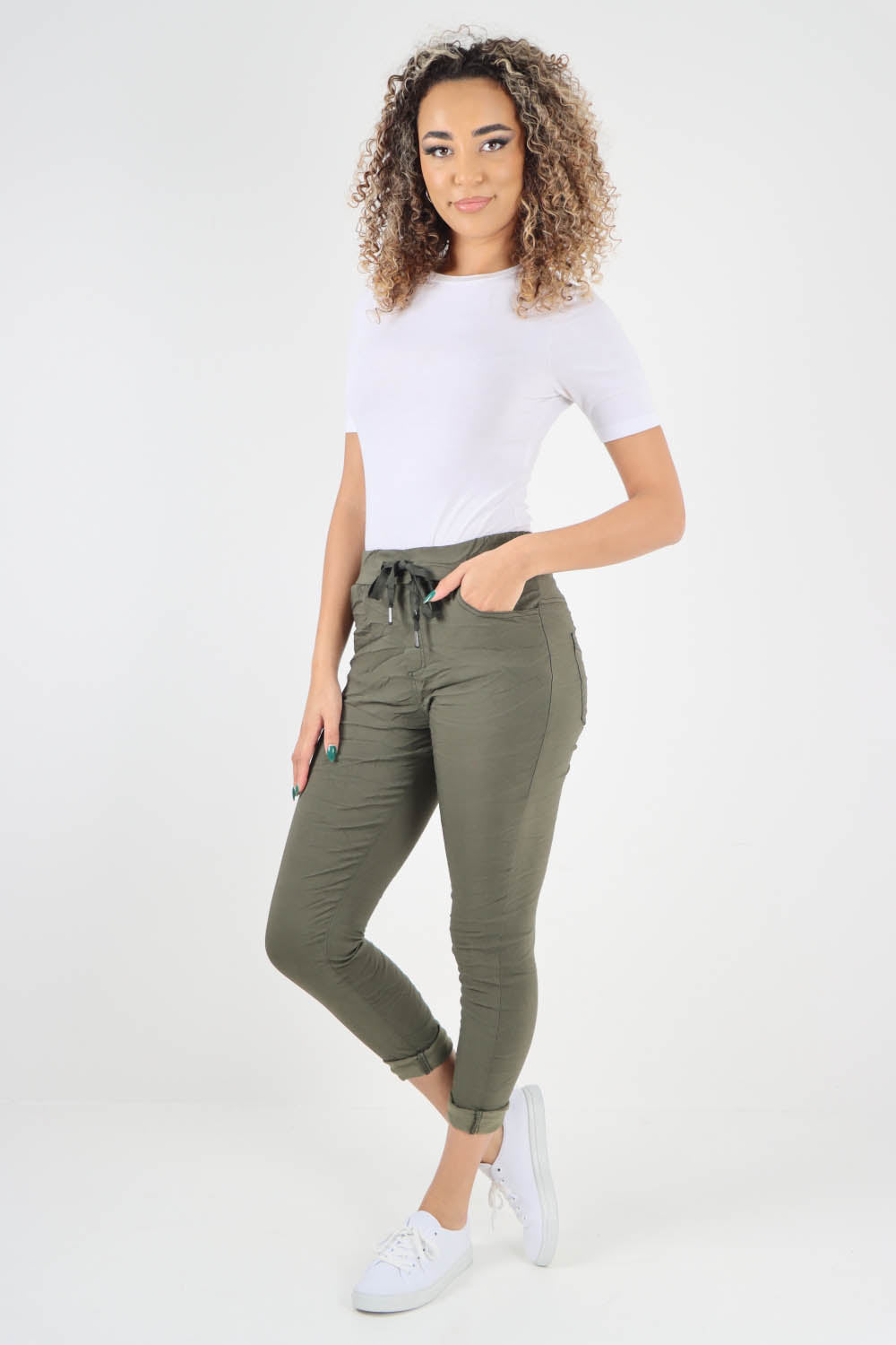 Plain Drawstring Back Pocket Magic Pants
