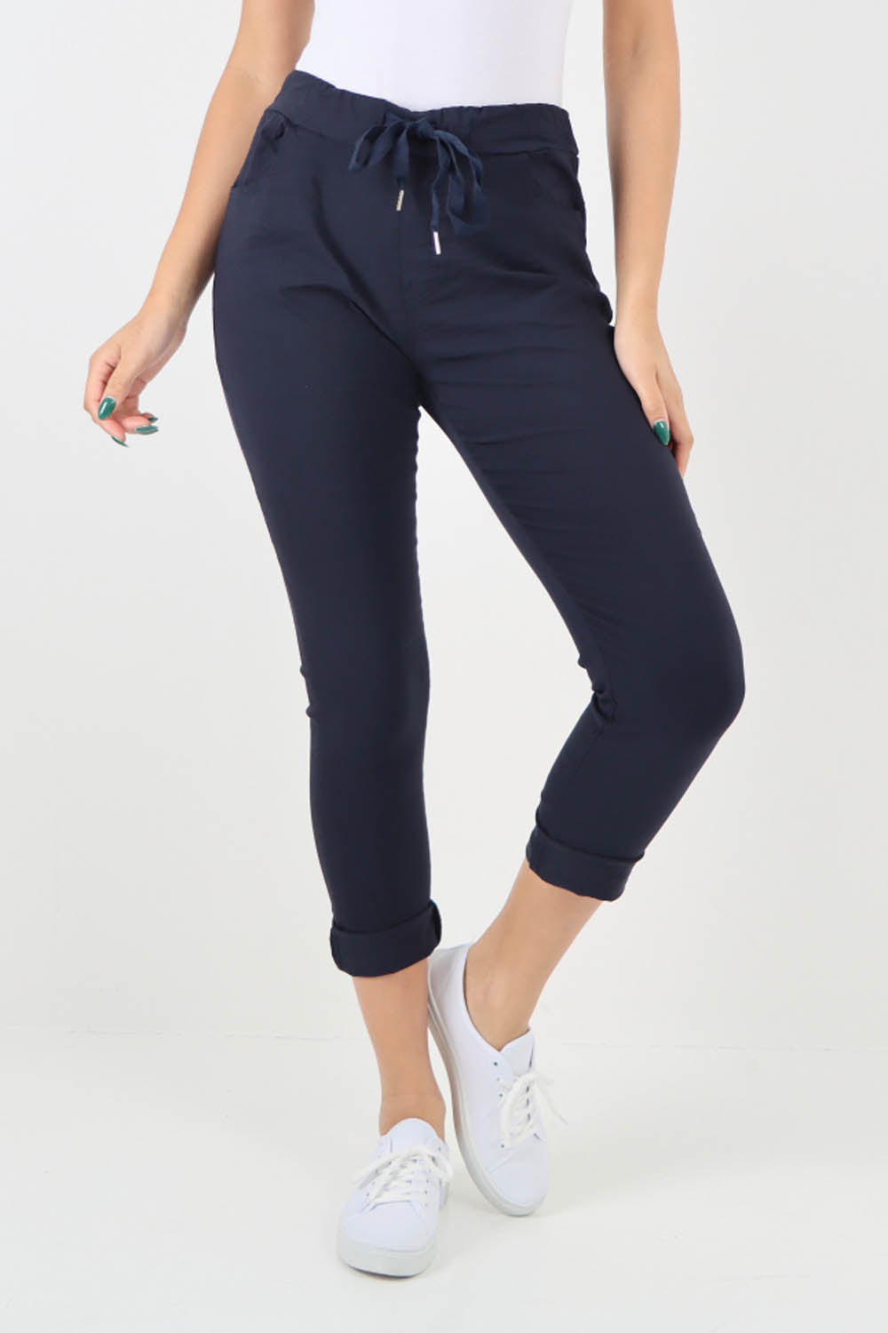 Navy Blue-Plain Drawstring Back Pocket Magic Pants