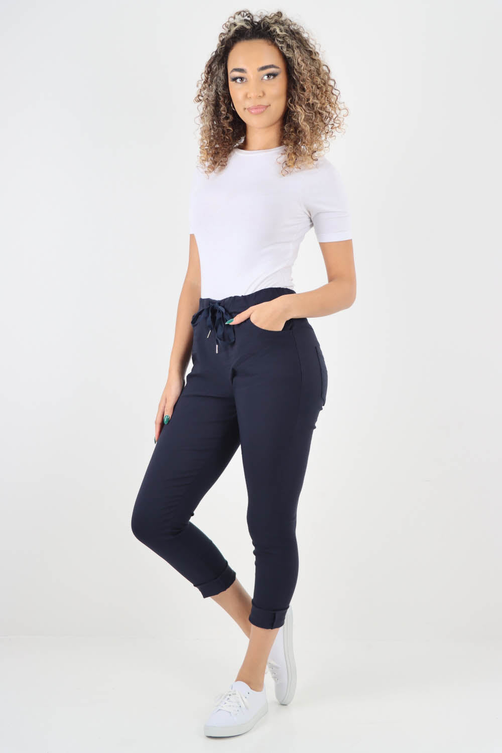 Plain Drawstring Back Pocket Magic Pants