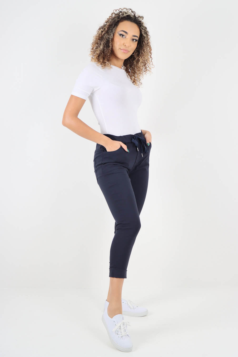Plain Drawstring Back Pocket Magic Pants
