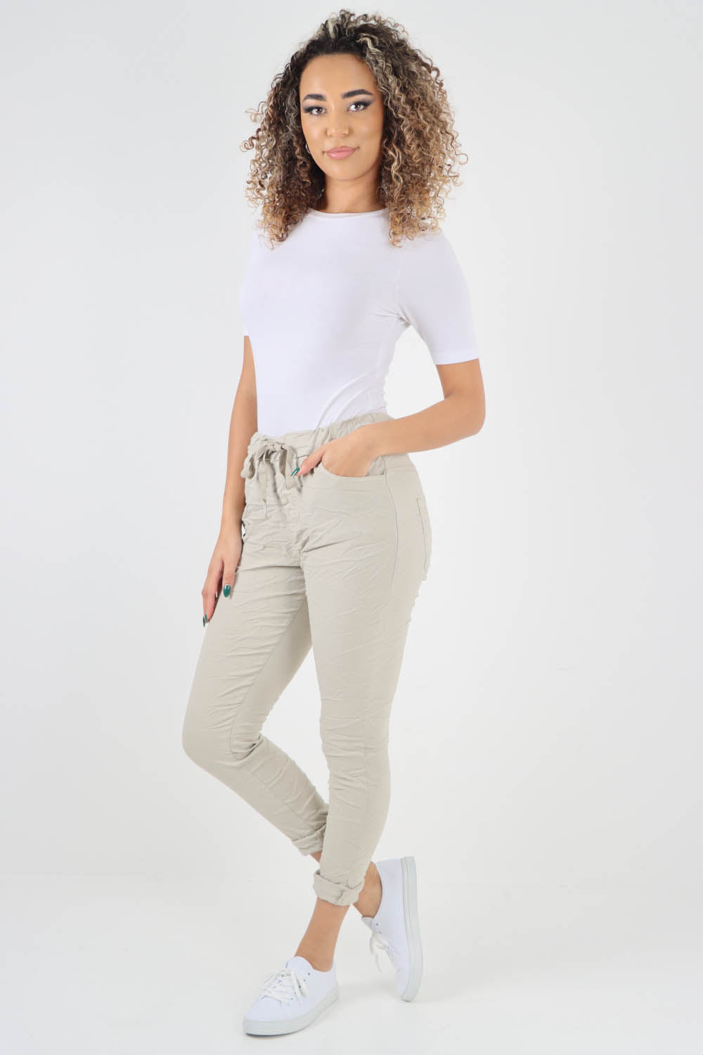 Plain Drawstring Back Pocket Magic Pants