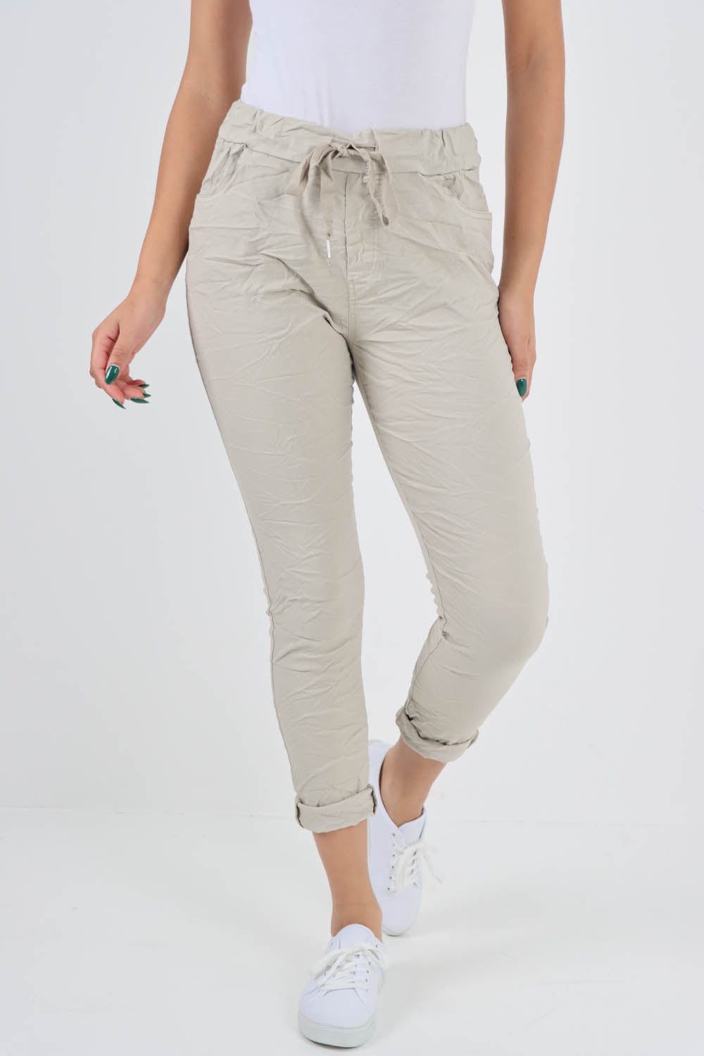 Plain Drawstring Back Pocket Magic Pants