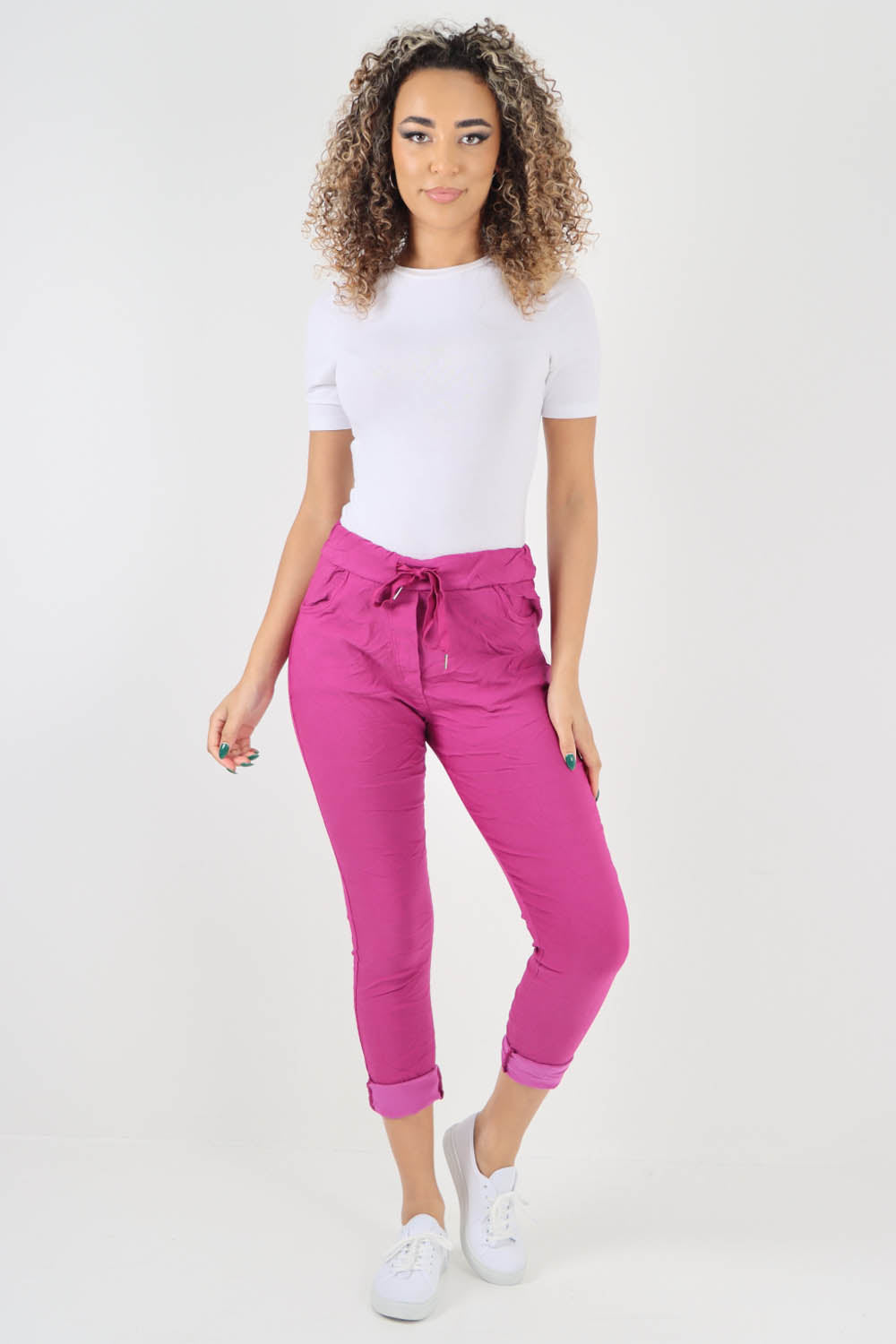 Pink-Plain Drawstring Back Pocket Magic Pants