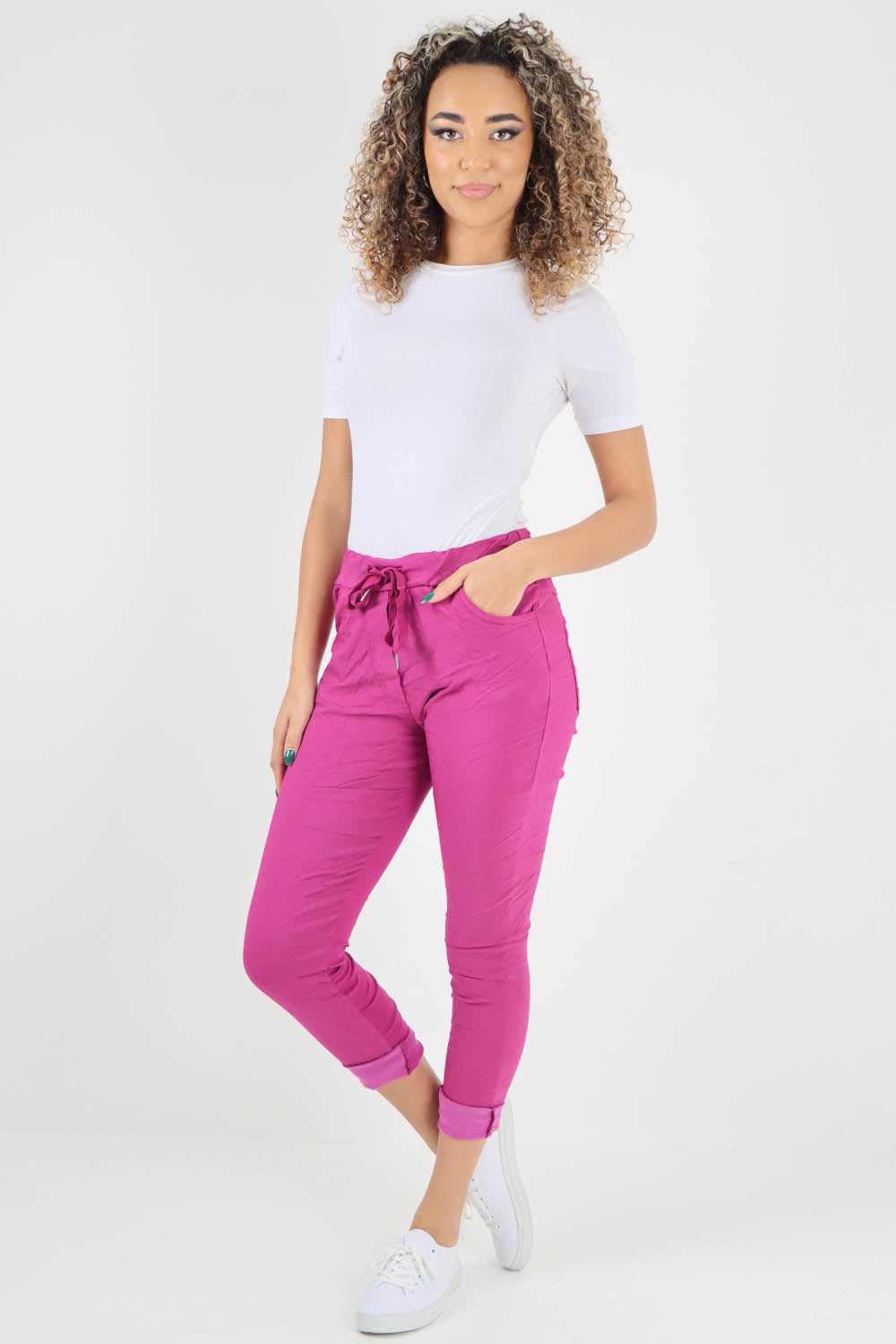 Plain Drawstring Back Pocket Magic Pants