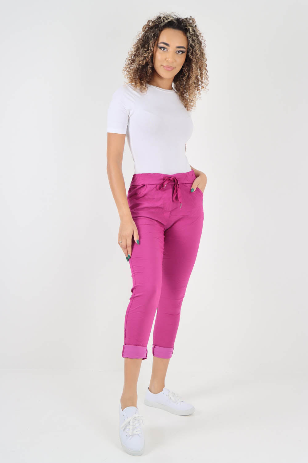 Plain Drawstring Back Pocket Magic Pants