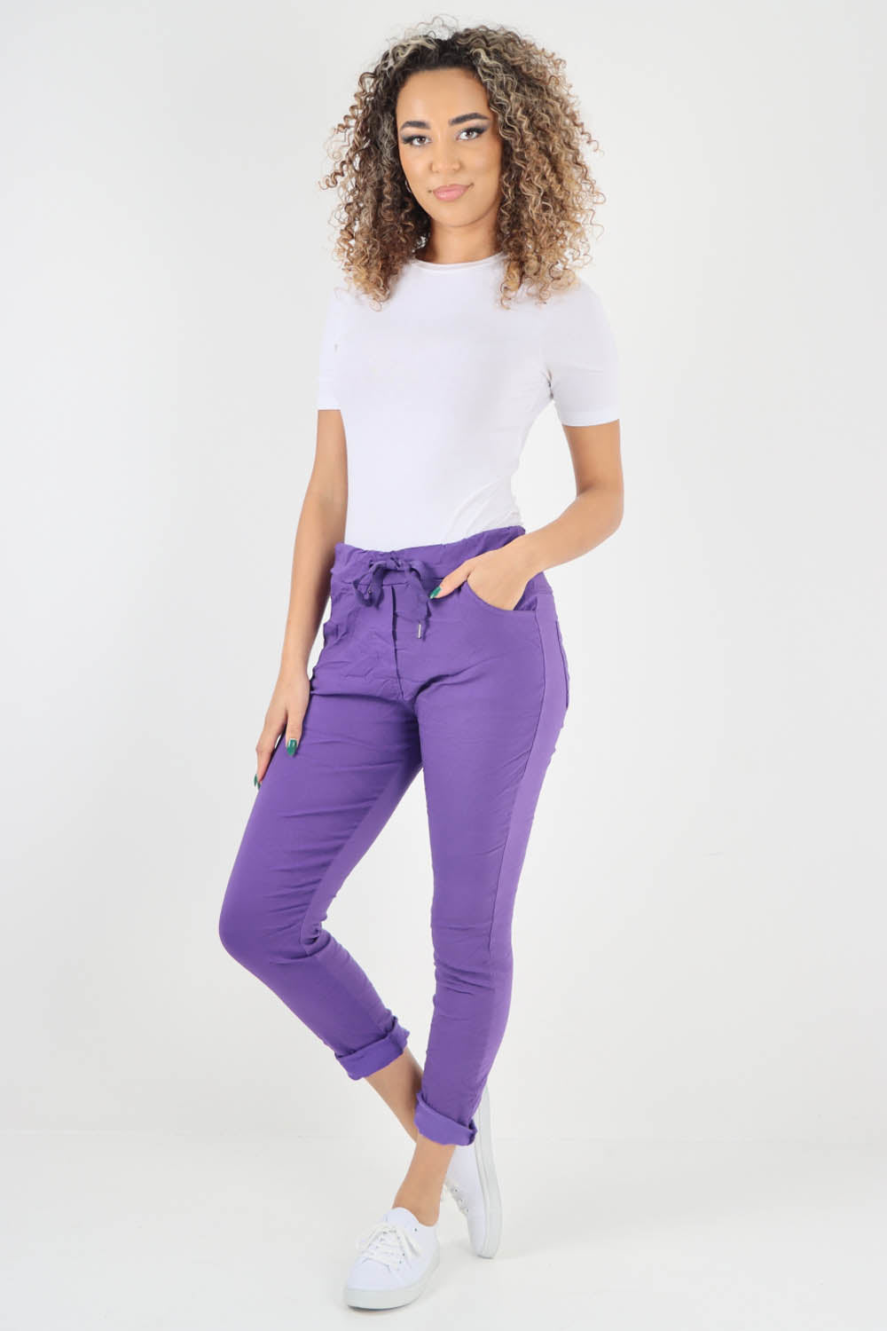 Plain Drawstring Back Pocket Magic Pants