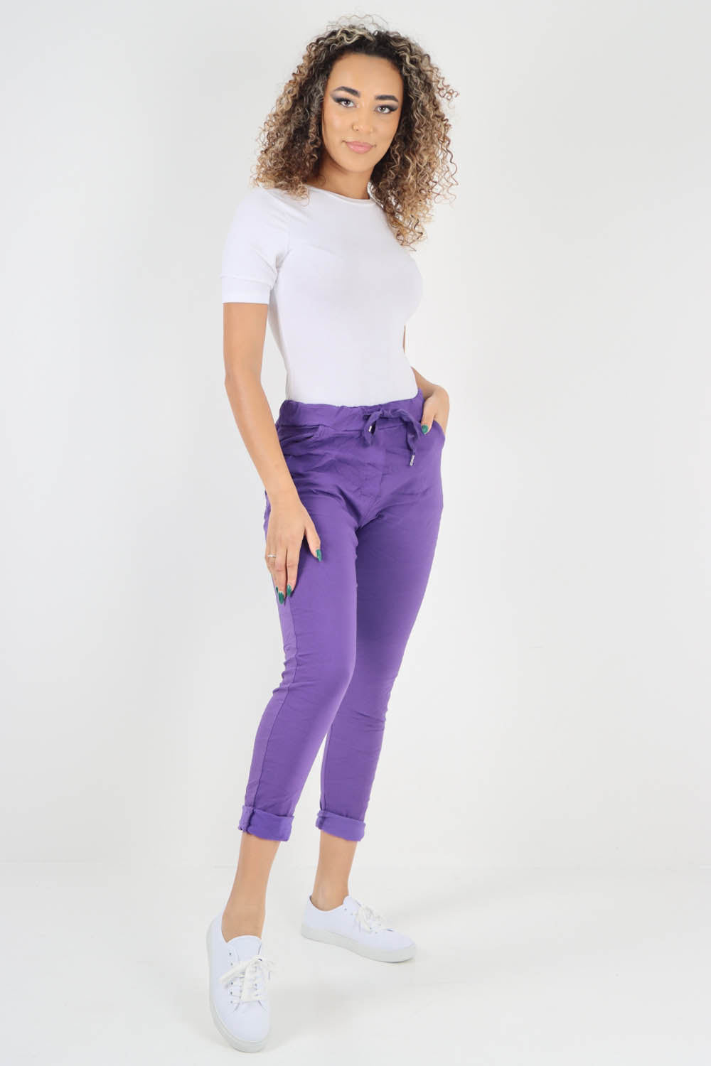 Plain Drawstring Back Pocket Magic Pants