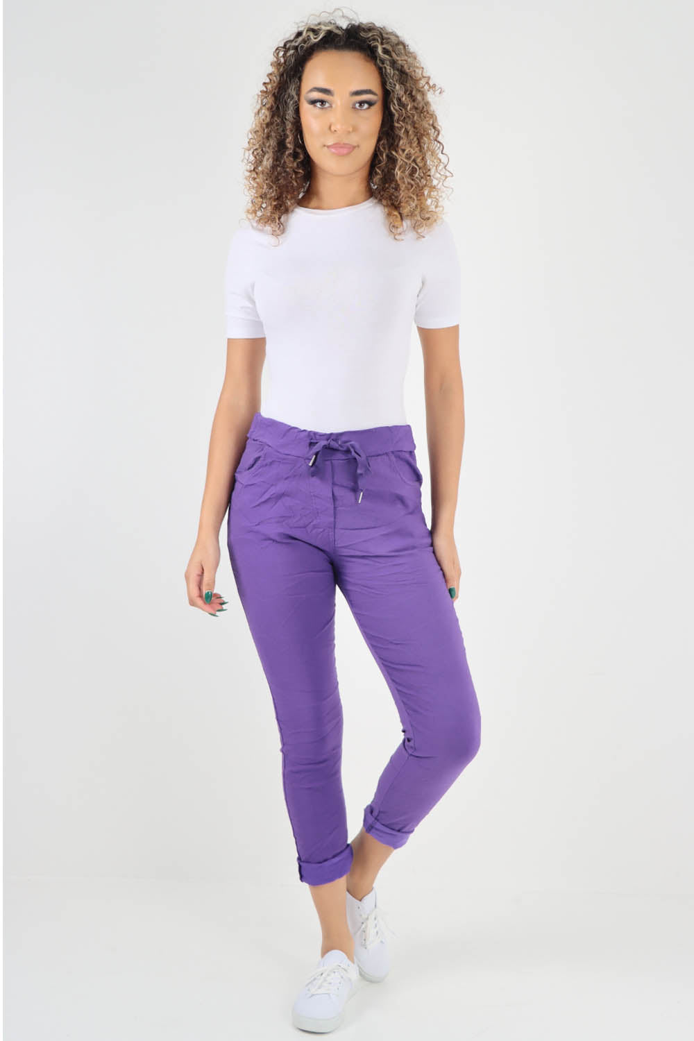 Plain Drawstring Back Pocket Magic Pants