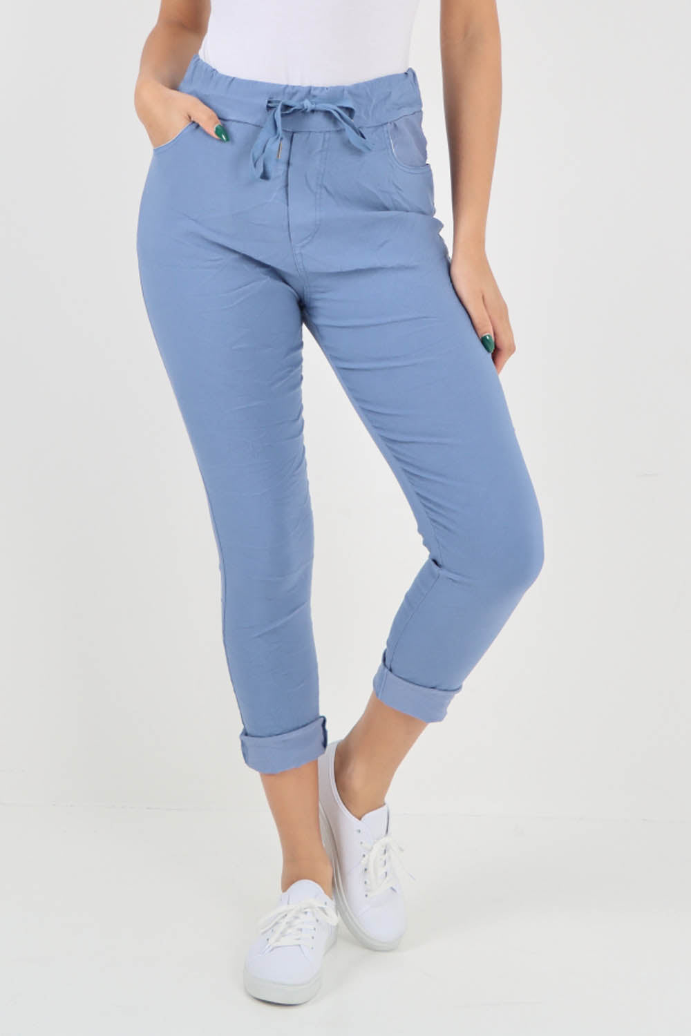 Sky Blue-Plain Drawstring Back Pocket Magic Pants
