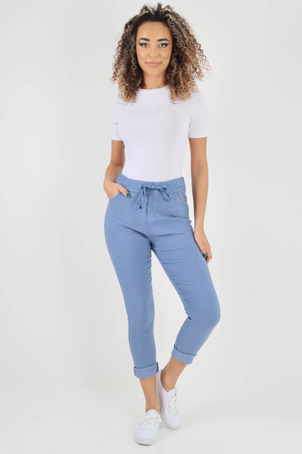 Plain Drawstring Back Pocket Magic Pants