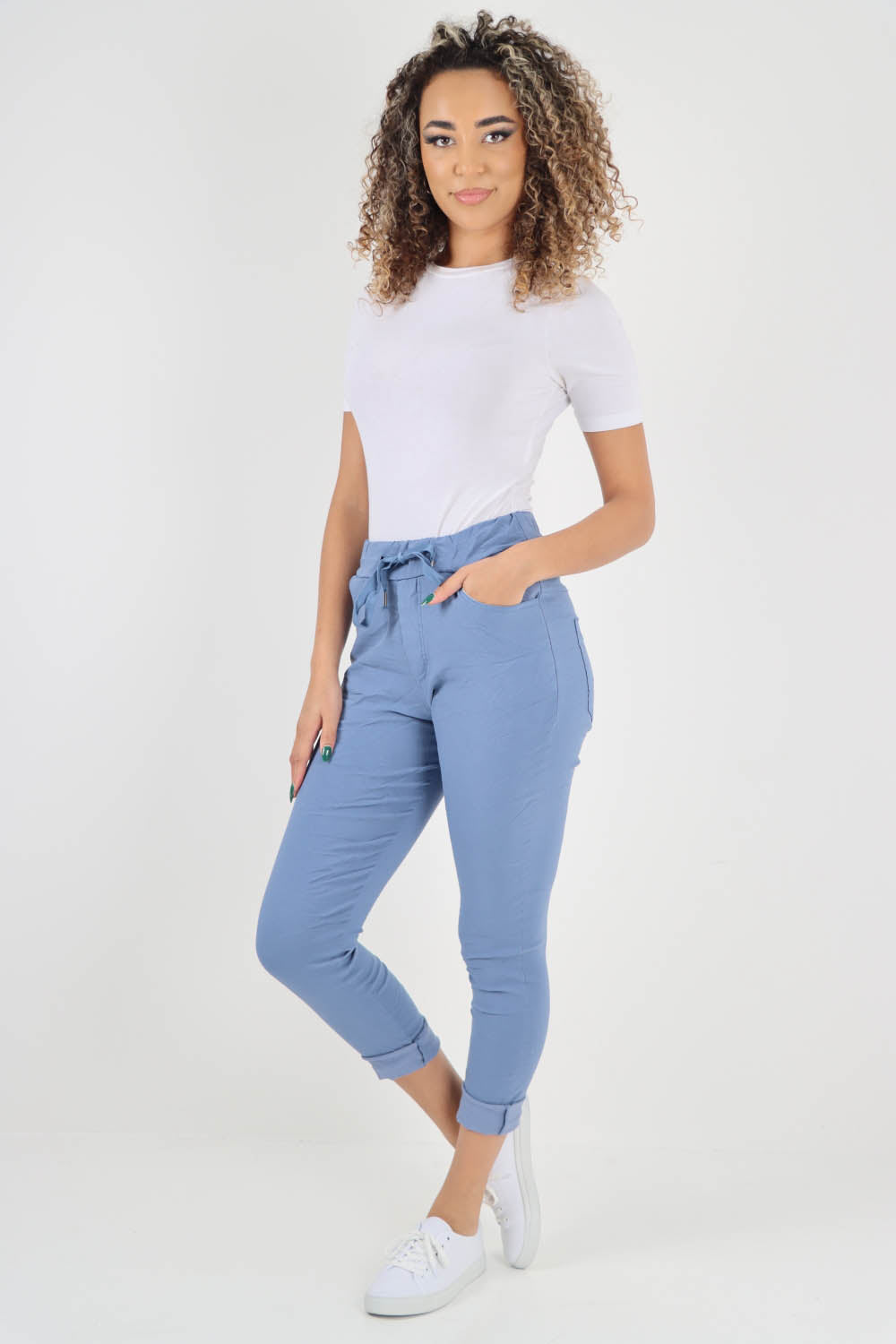 Plain Drawstring Back Pocket Magic Pants