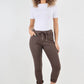 Brown-Plain Drawstring Back Pocket Magic Pants