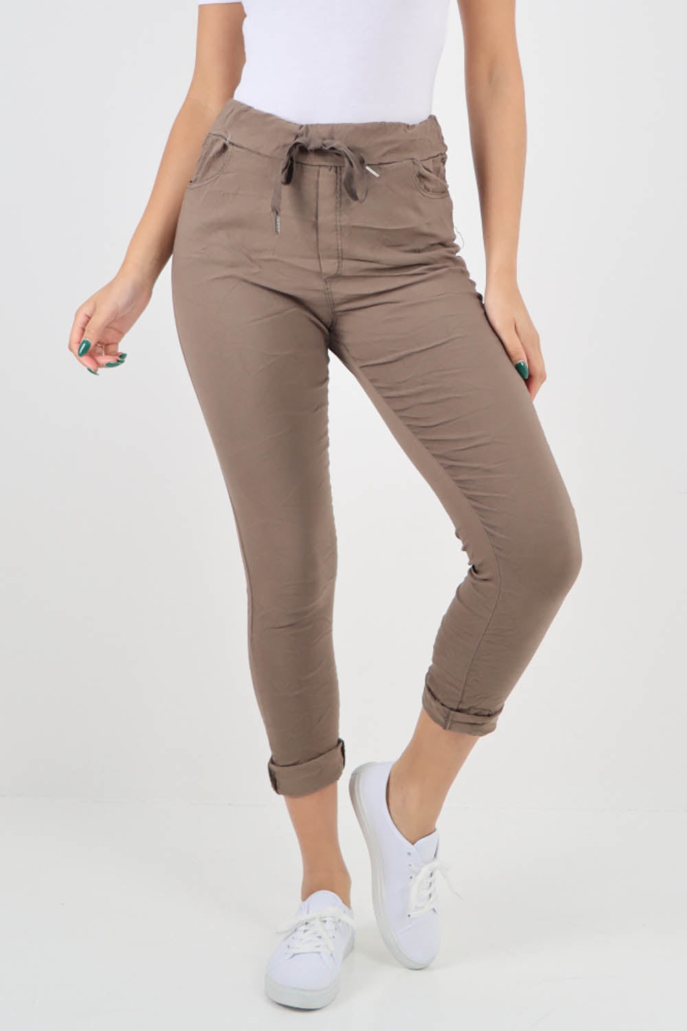 Stone-Plain Drawstring Back Pocket Magic Pants