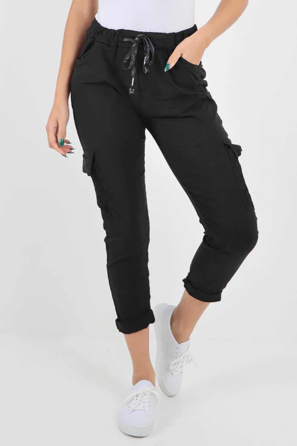 Black-Ruched Pocket Drawstring Magic Pants