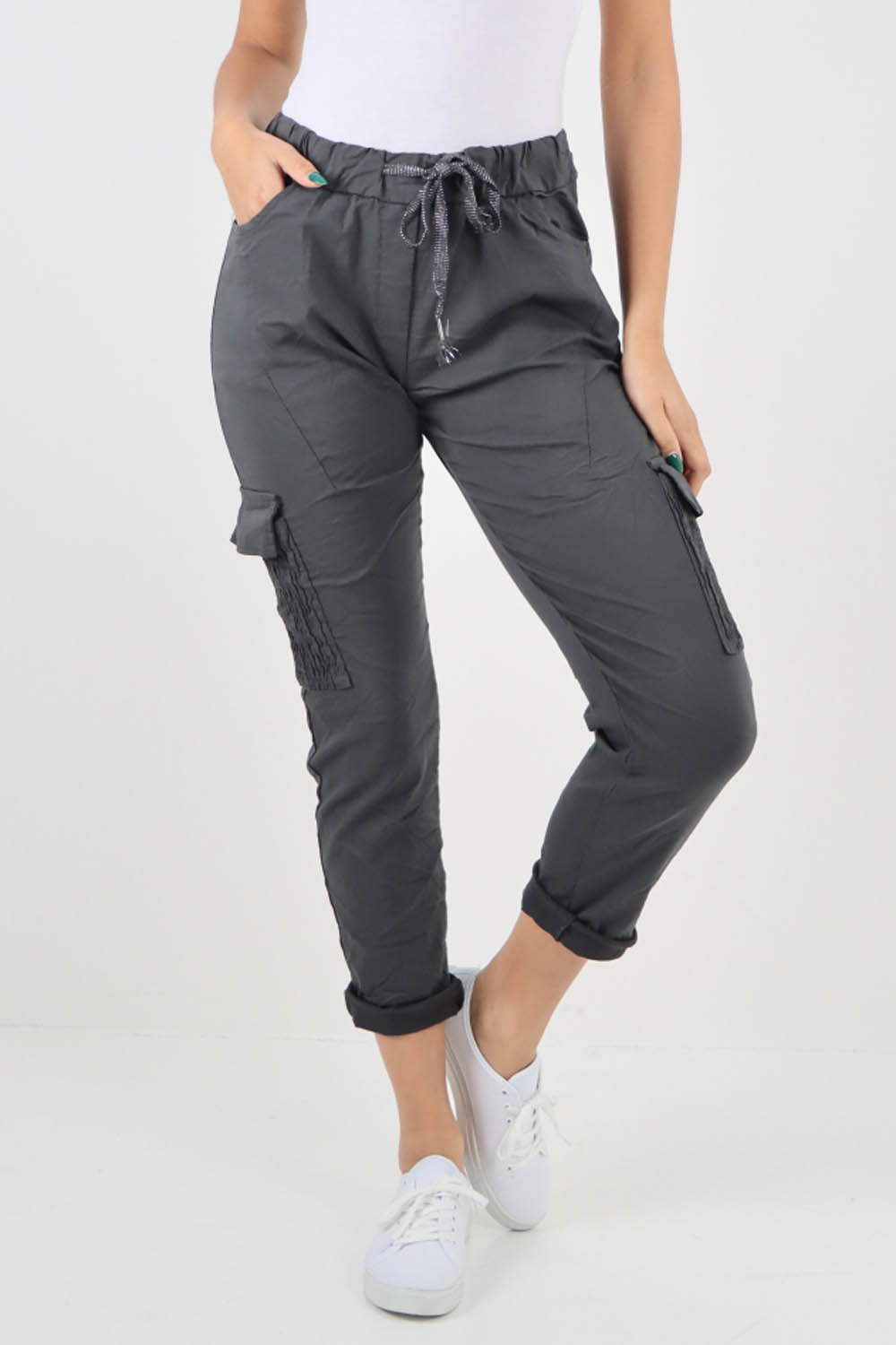 Charcoal-Ruched Pocket Drawstring Magic Pants