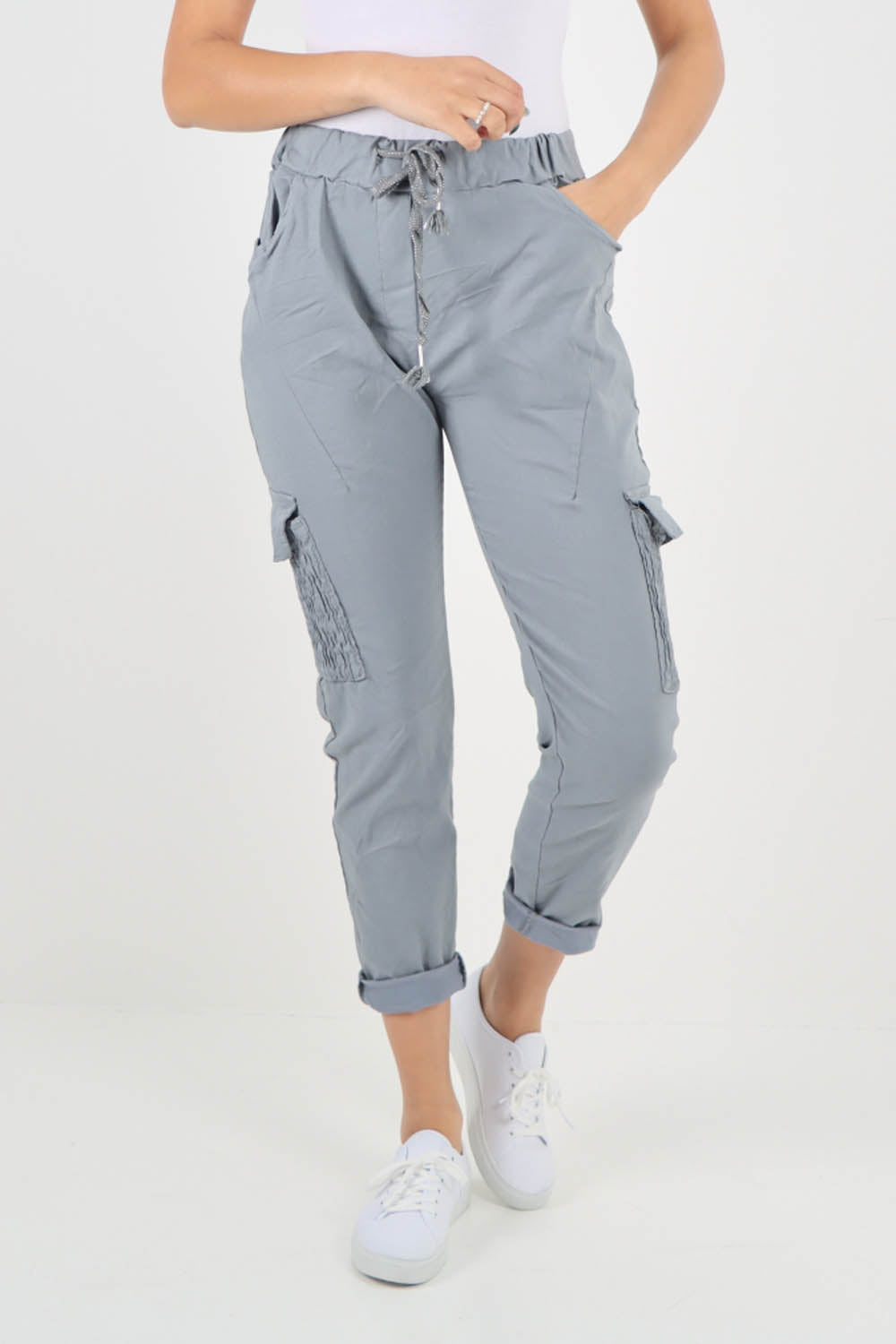 Grey-Ruched Pocket Drawstring Magic Pants