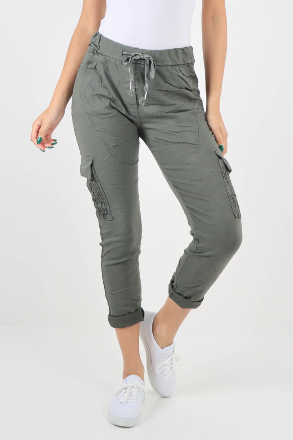 Khaki-Ruched Pocket Drawstring Magic Pants