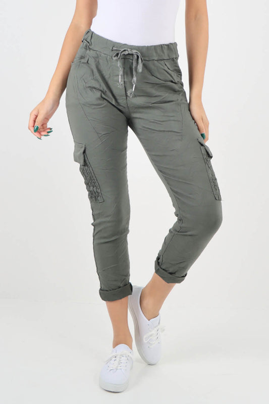 Khaki-Ruched Pocket Drawstring Magic Pants