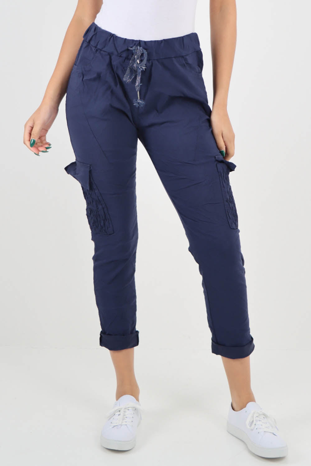 Navy Blue-Ruched Pocket Drawstring Magic Pants