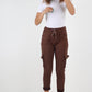 Brown-Ruched Pocket Drawstring Magic Pants