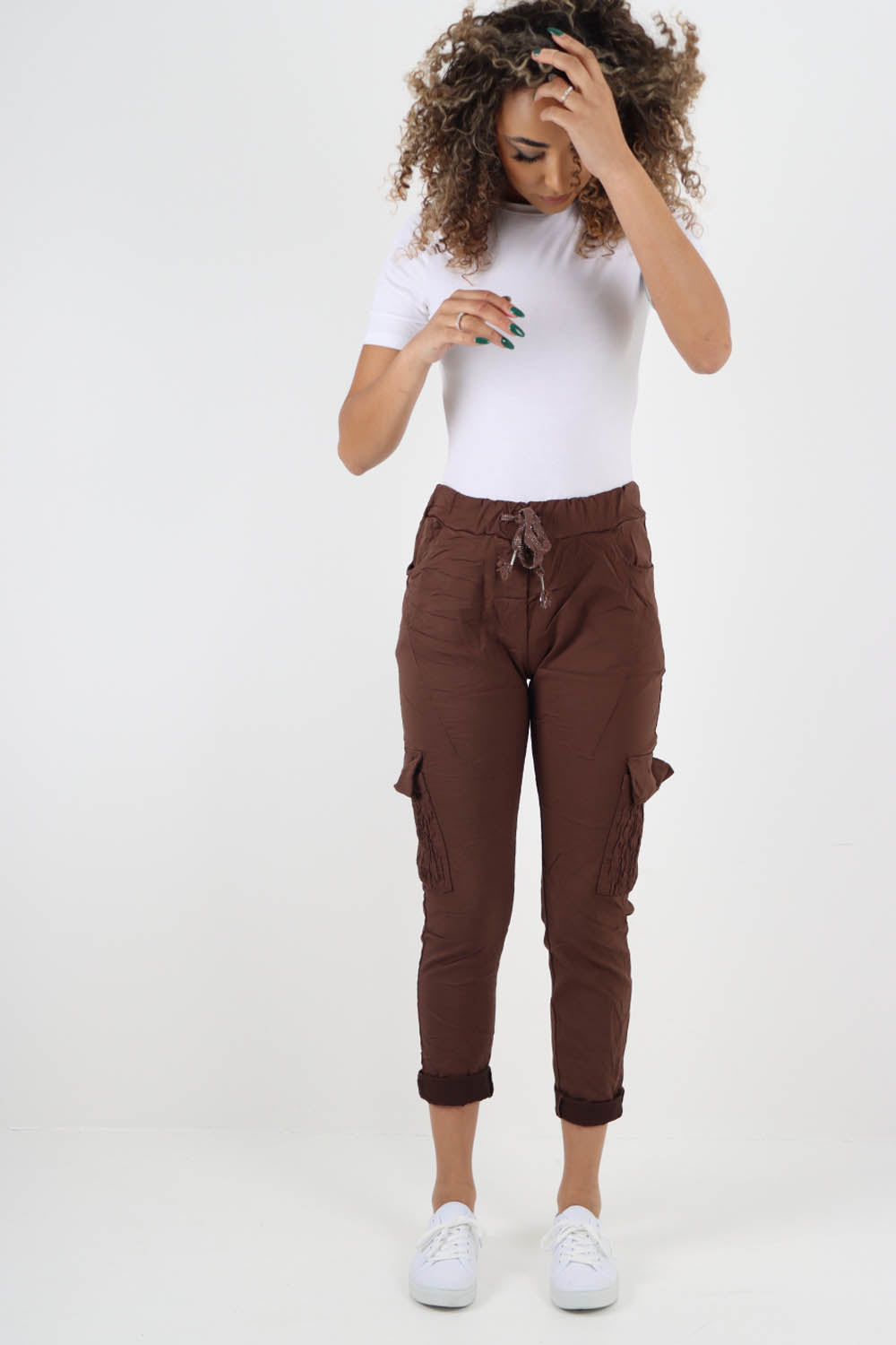 Brown-Ruched Pocket Drawstring Magic Pants
