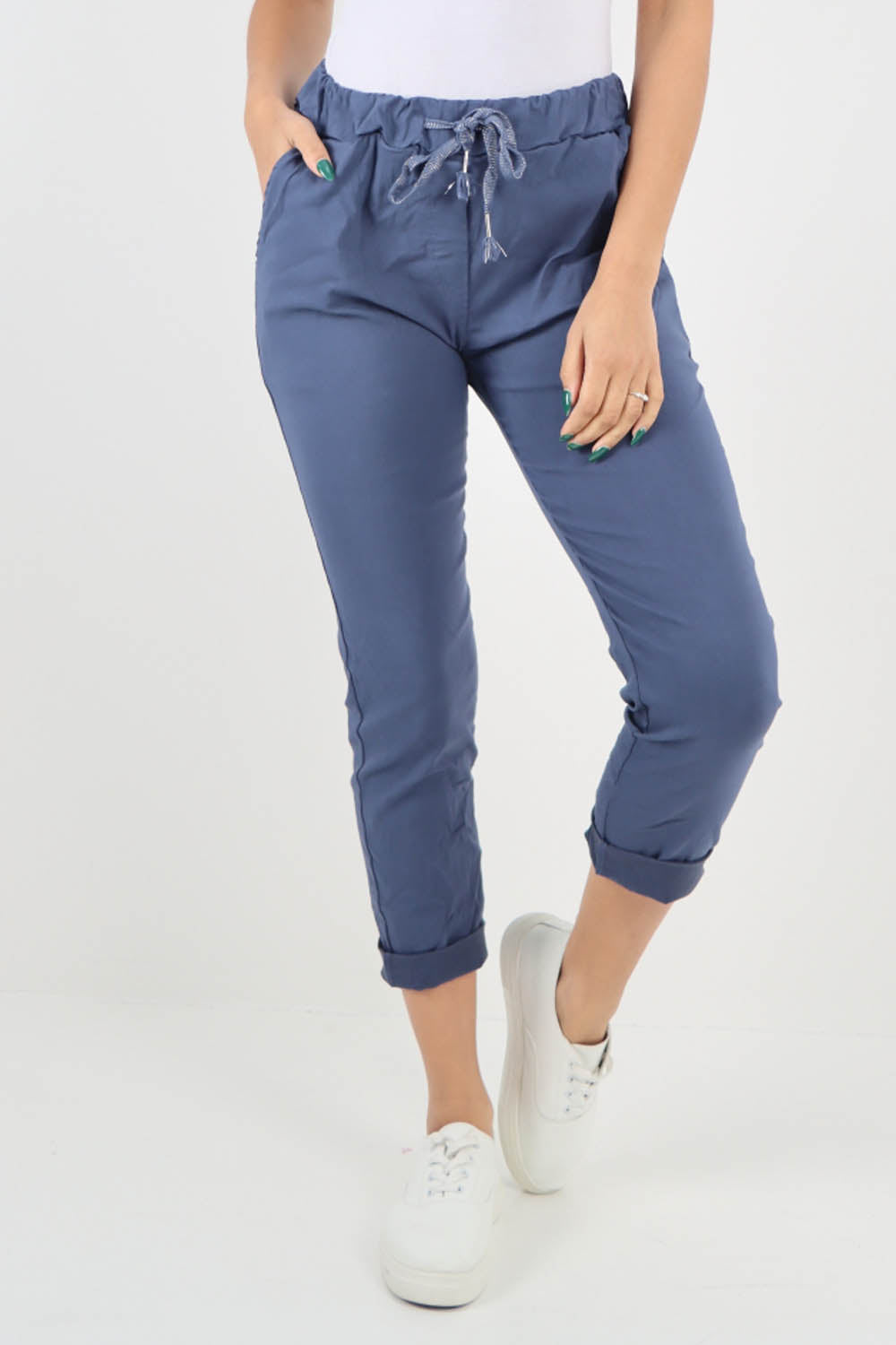 Blue-Plain Back Pockets Magic Pants