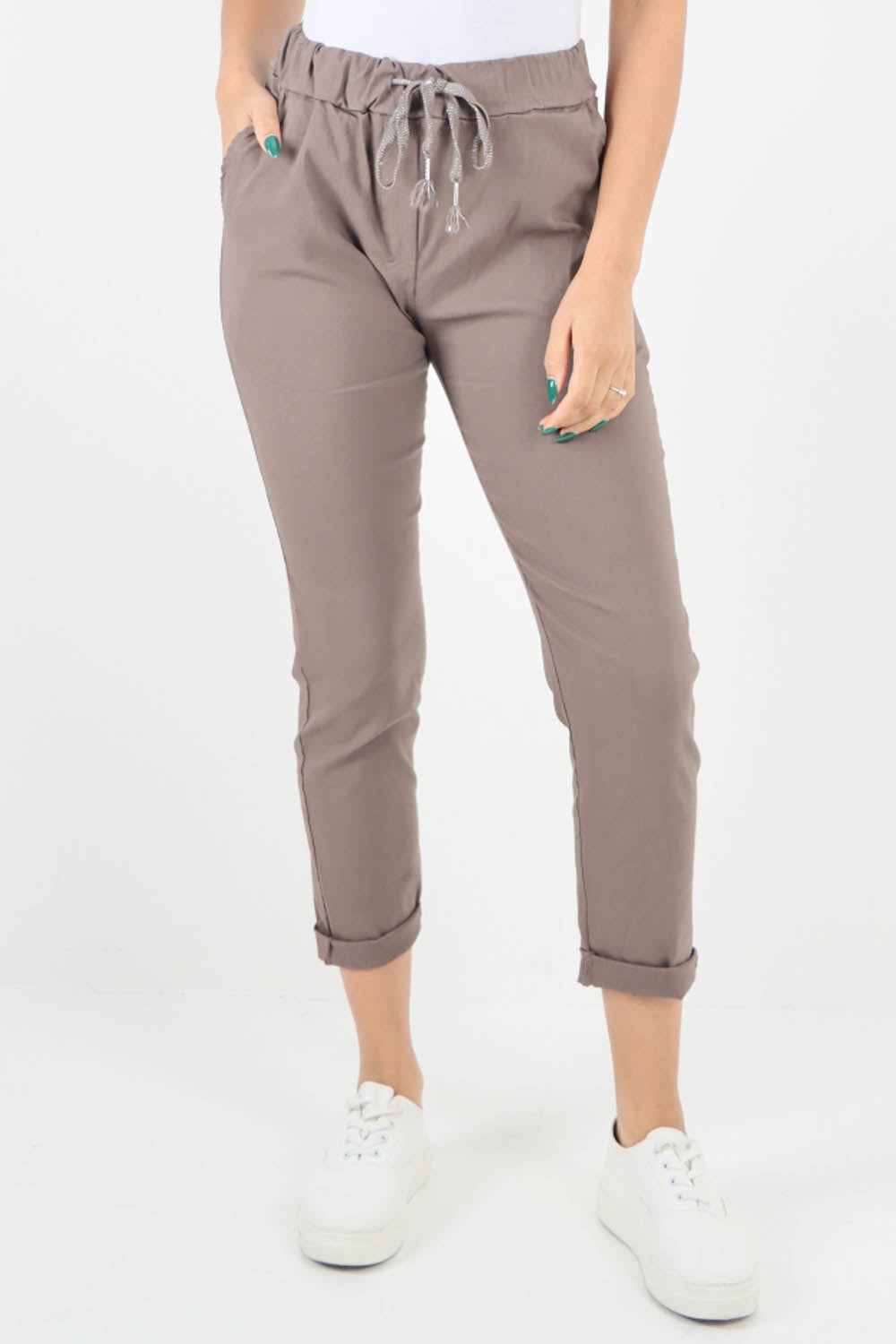 Brown-Plain Back Pockets Magic Pants