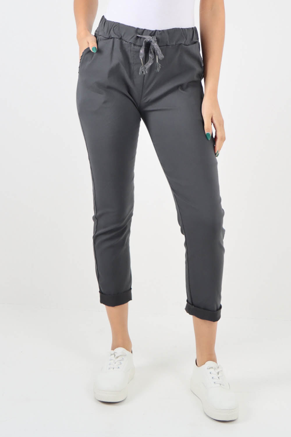 Charcoal-Plain Back Pockets Magic Pants