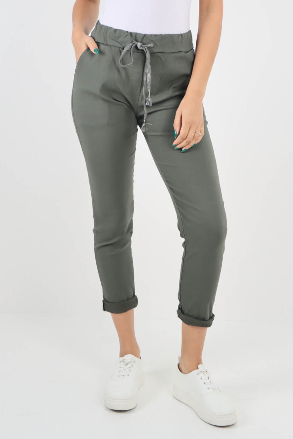 Green-Plain Back Pockets Magic Pants