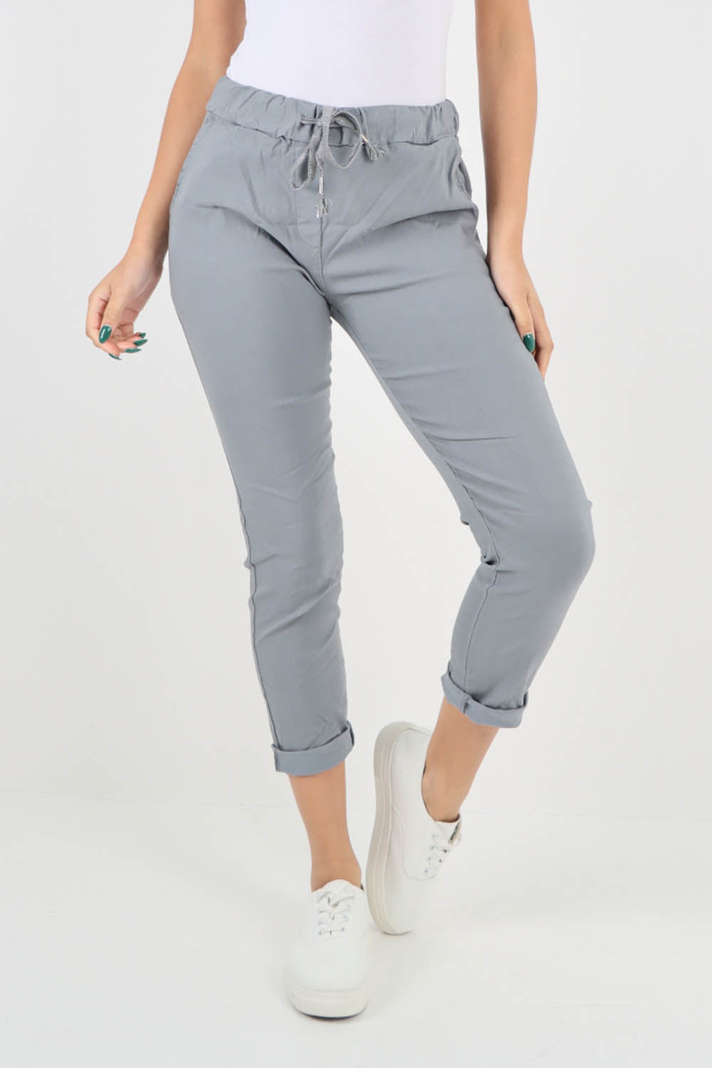 Grey-Plain Back Pockets Magic Pants