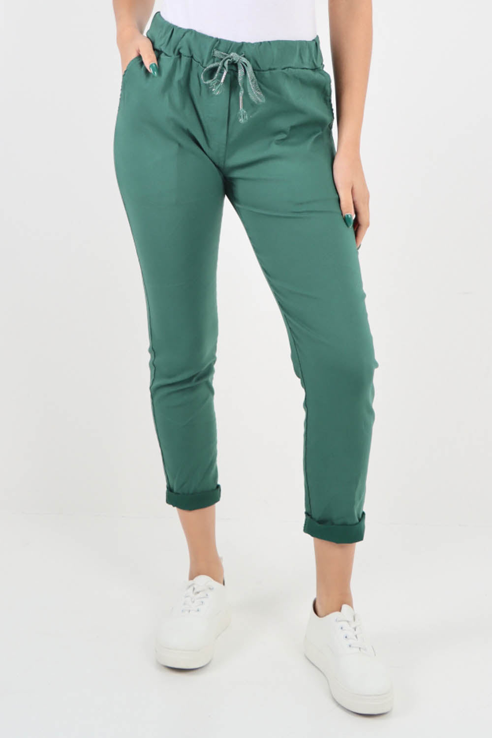 Jade Green-Plain Back Pockets Magic Pants