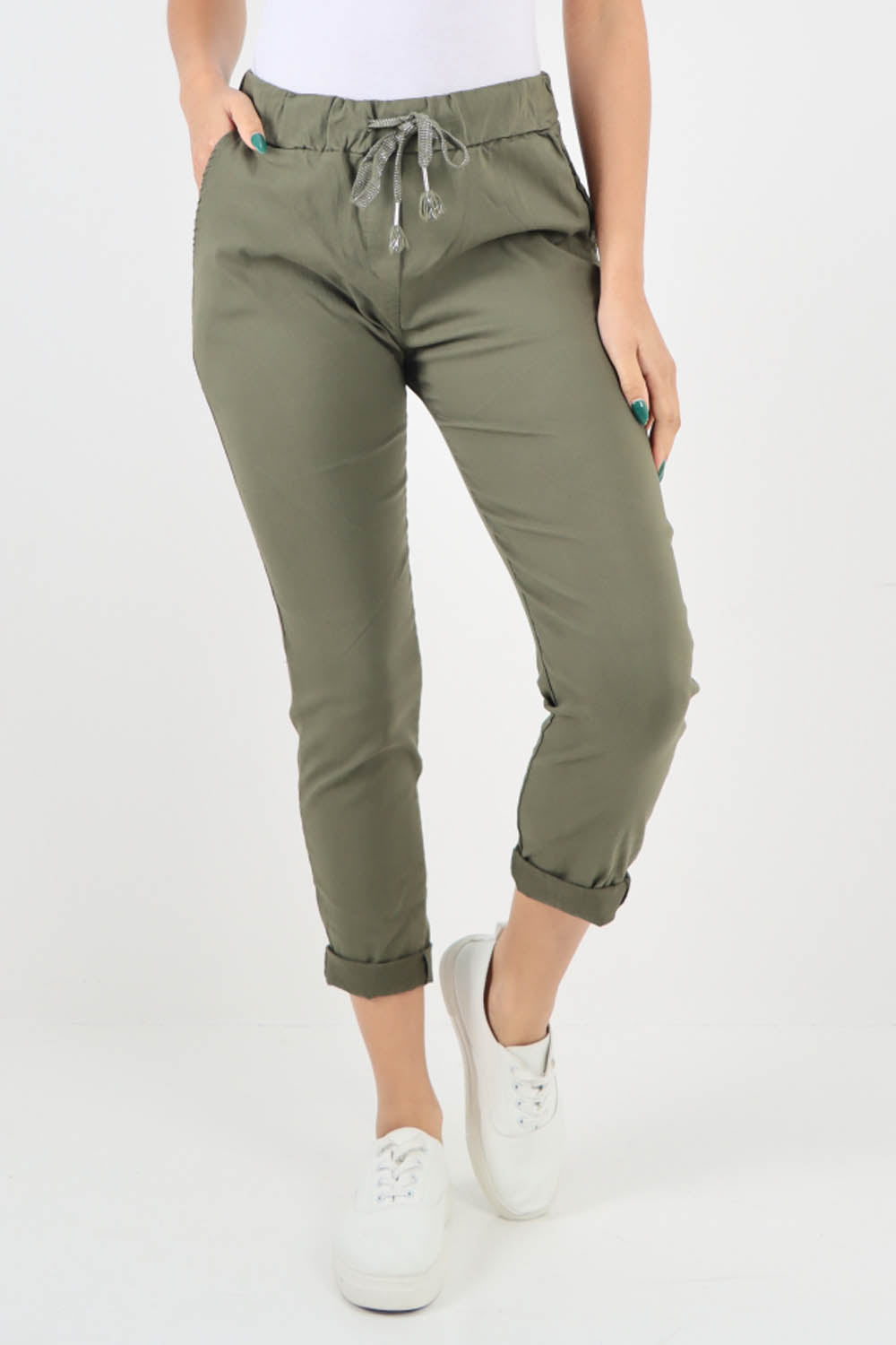Kahki-Plain Back Pockets Magic Pants