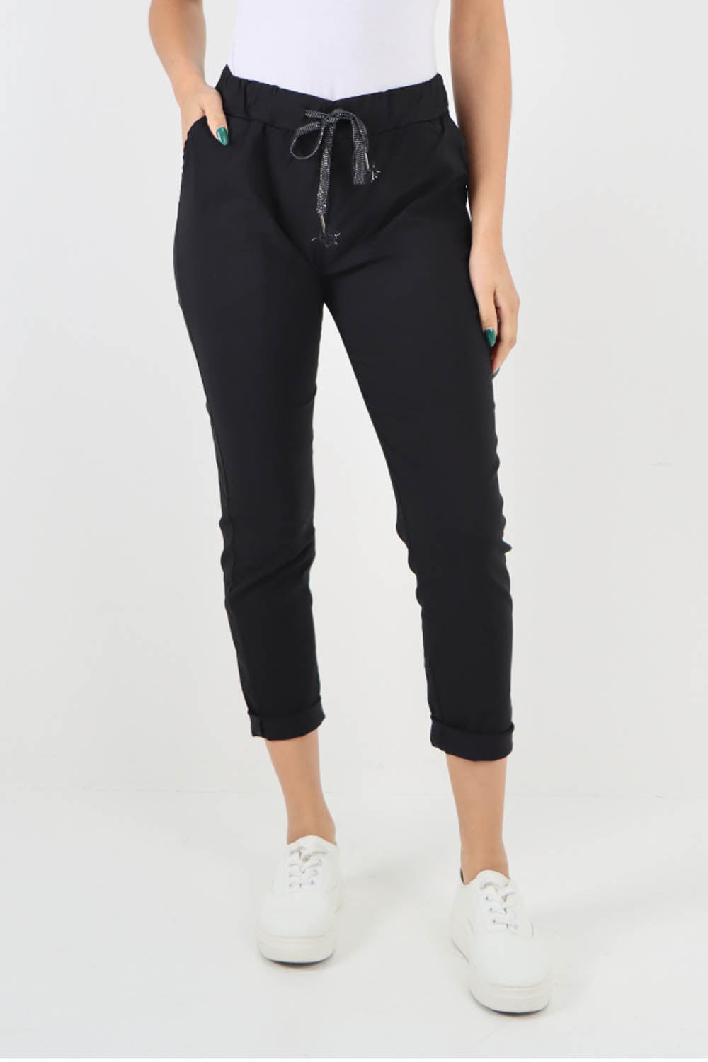 Black-Plain Back Pockets Magic Pants