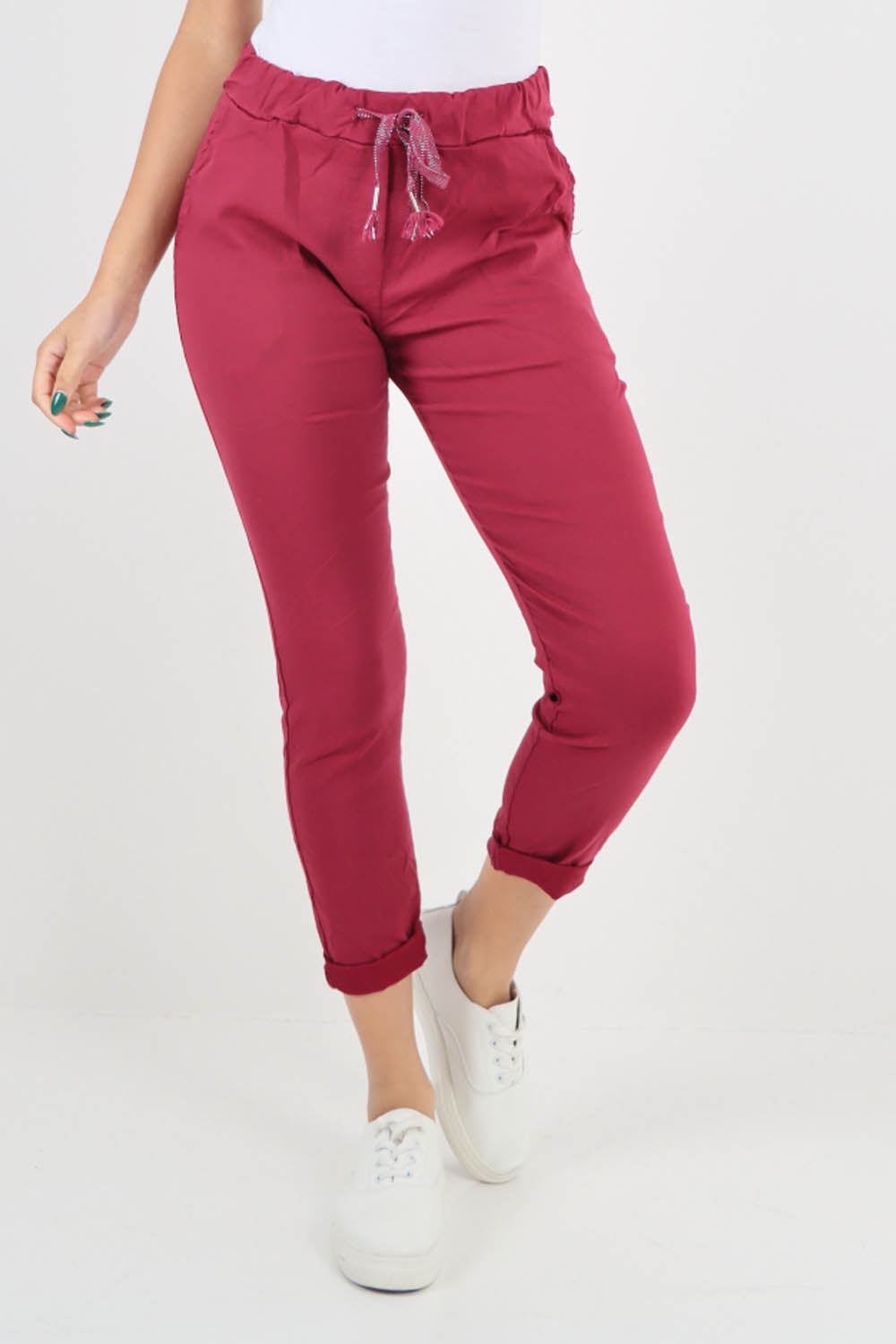 Wine-Plain Back Pockets Magic Pants