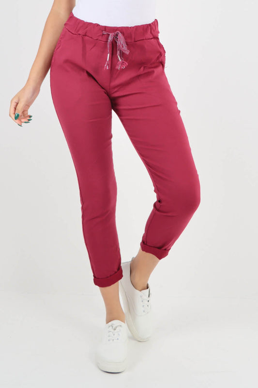 Wine-Plain Back Pockets Magic Pants