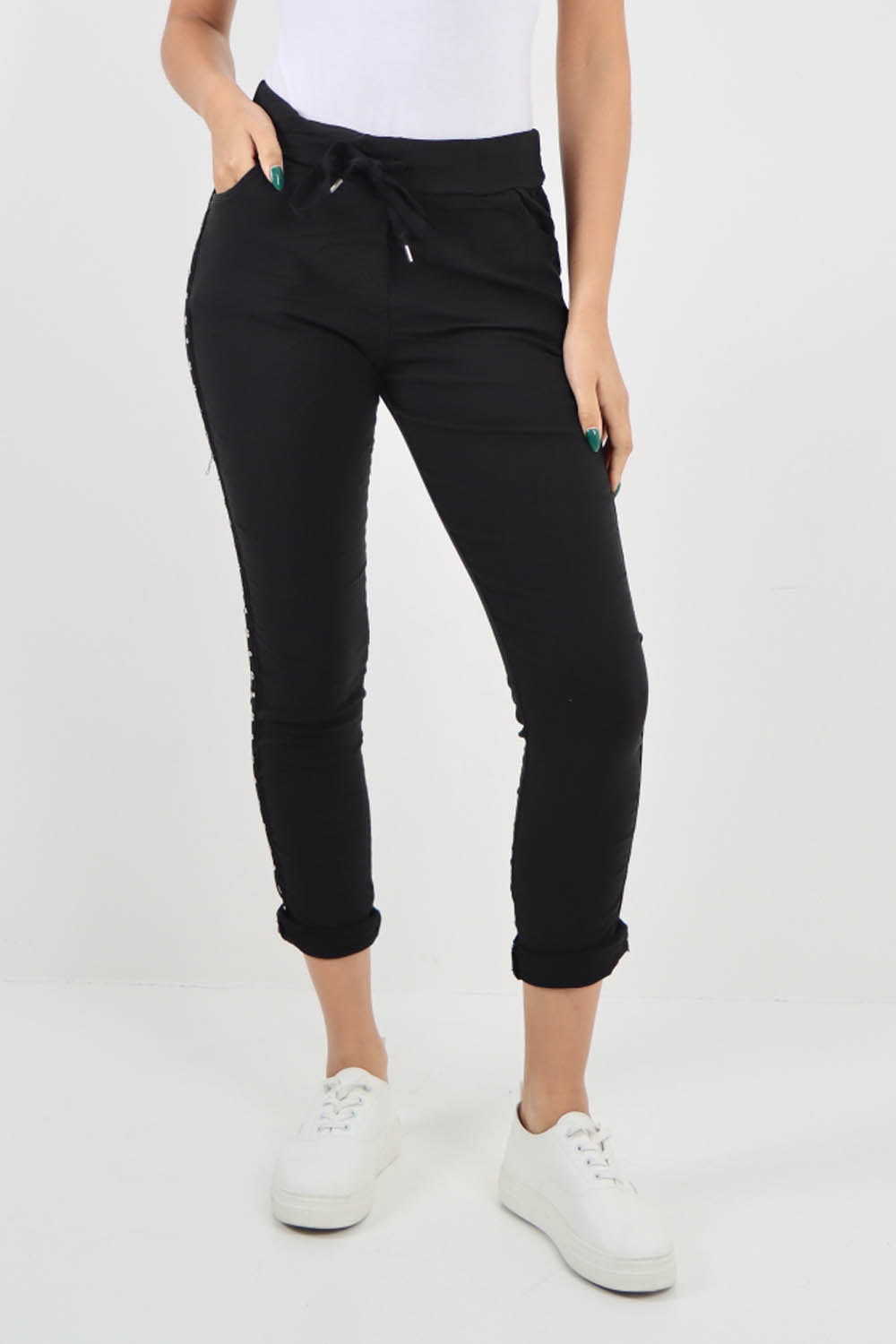 Black-Side Diamante Drawstring Magic Pants