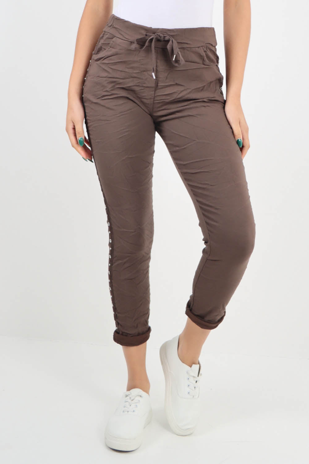 Chocolate-Side Diamante Drawstring Magic Pants