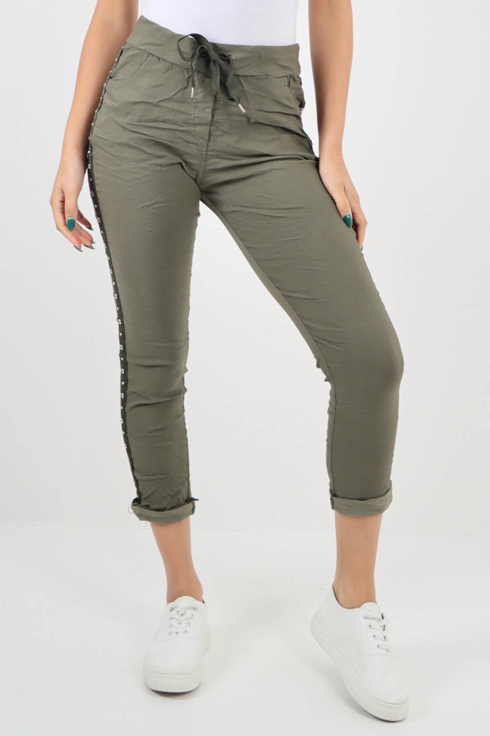 Khaki-Side Diamante Drawstring Magic Pants