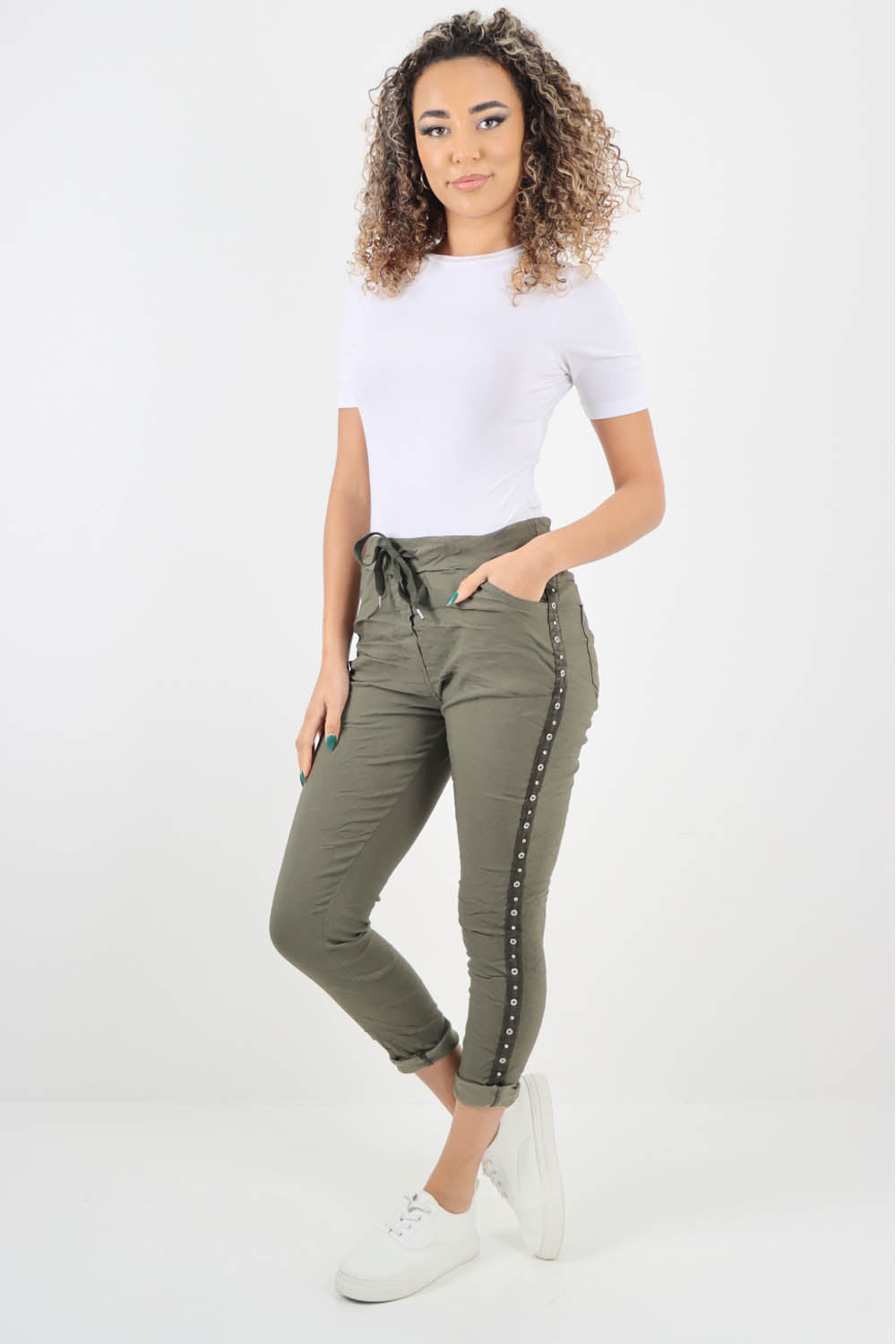 Side Diamante Drawstring Magic Pants