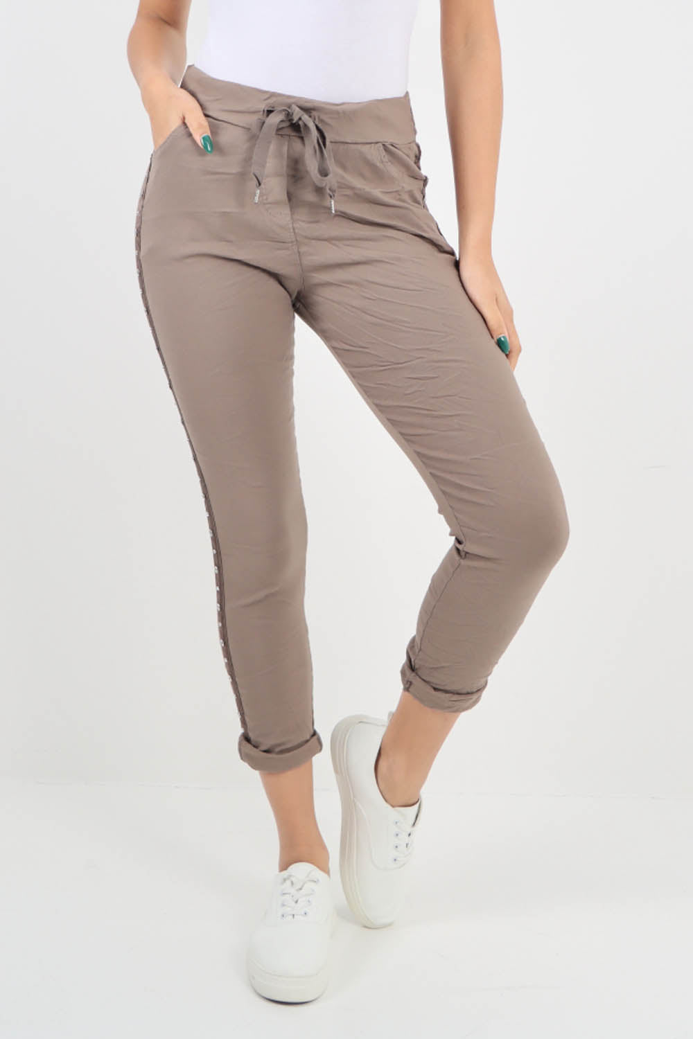 Mocha-Side Diamante Drawstring Magic Pants