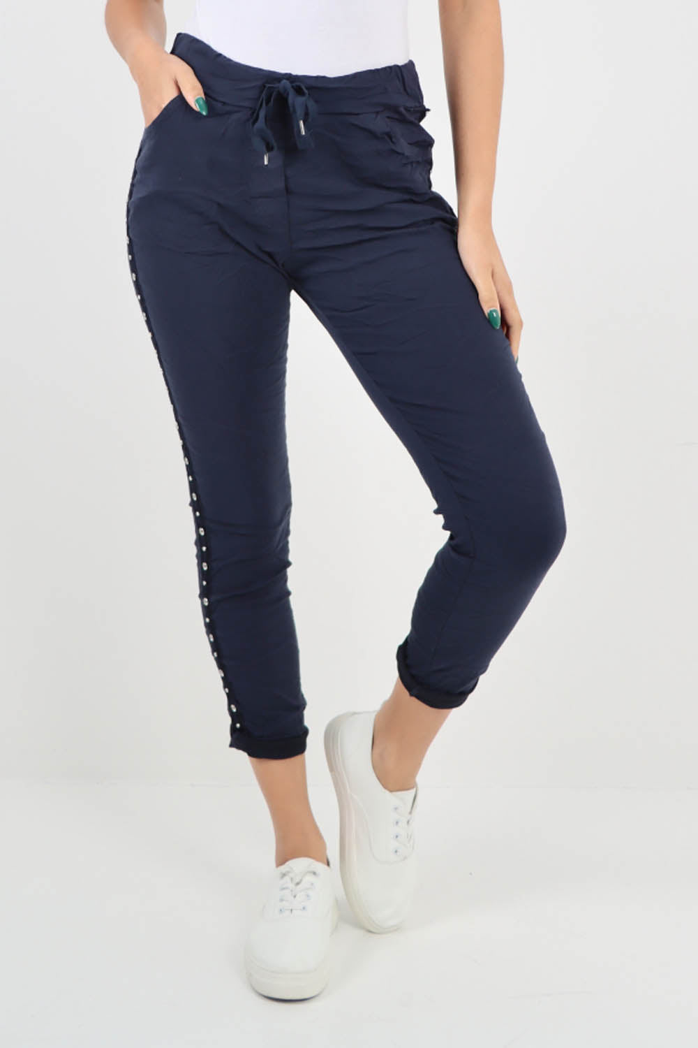 Navy Blue-Side Diamante Drawstring Magic Pants