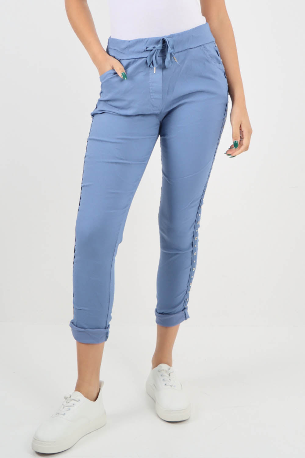 Sky Blue-Side Diamante Drawstring Magic Pants