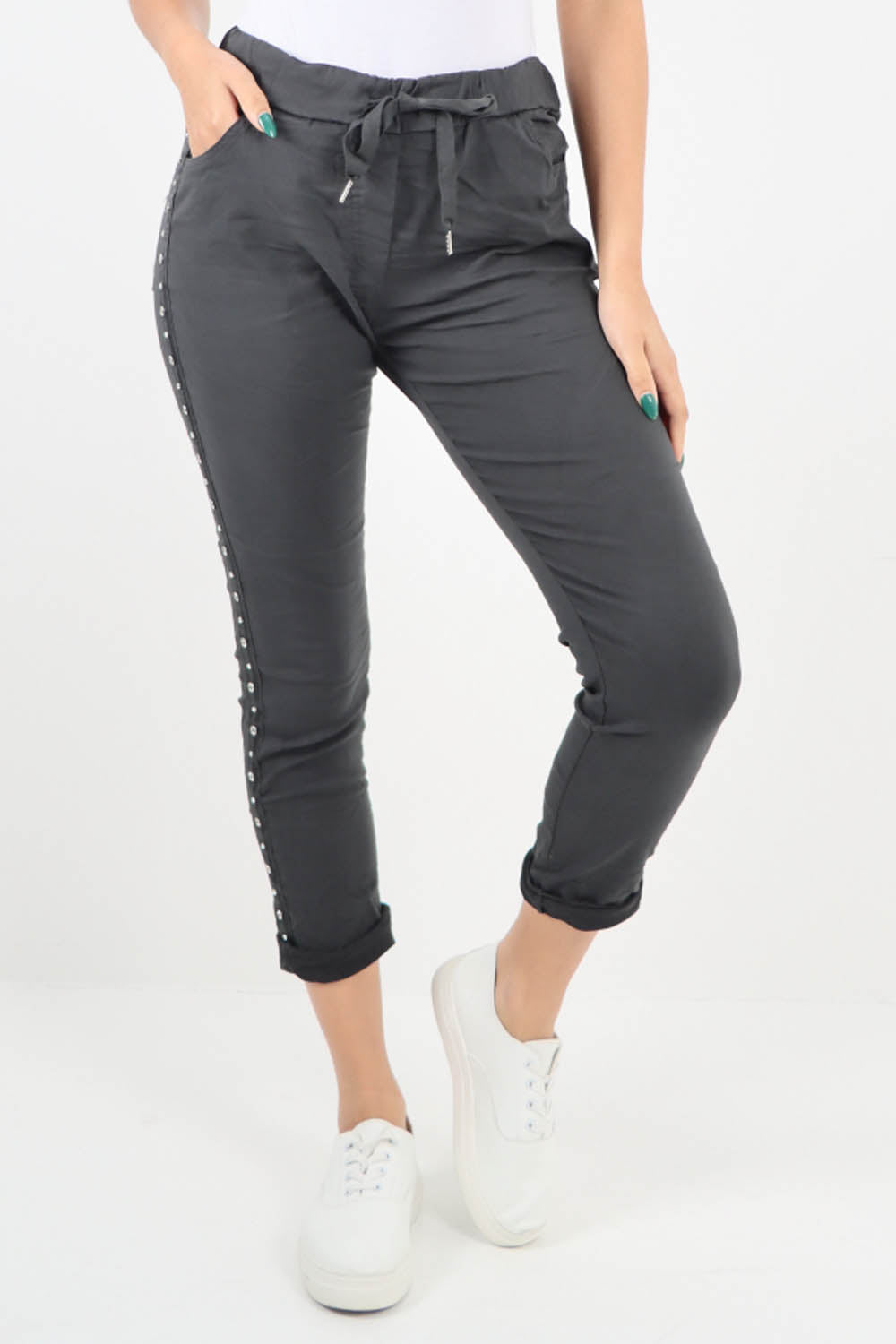 Charcoal-Side Diamante Drawstring Magic Pants