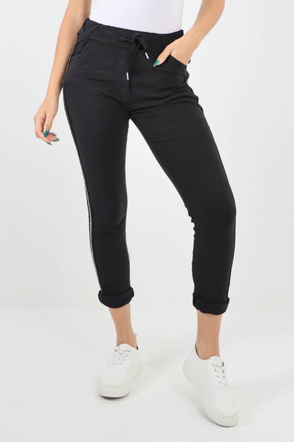 Black-Side Glitter Ribbon Drawstring Magic Pants