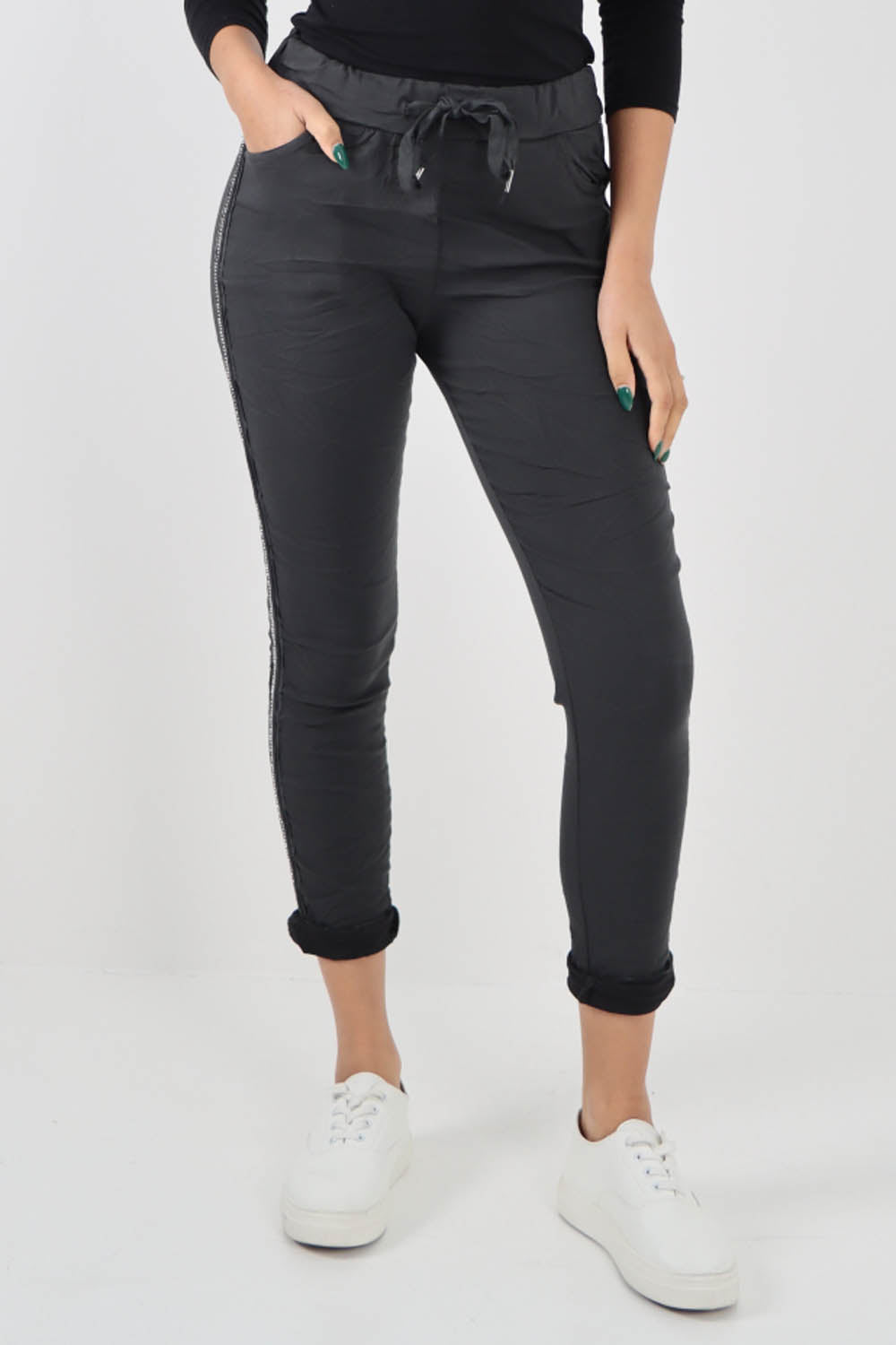 Charcoal-Side Glitter Ribbon Drawstring Magic Pants
